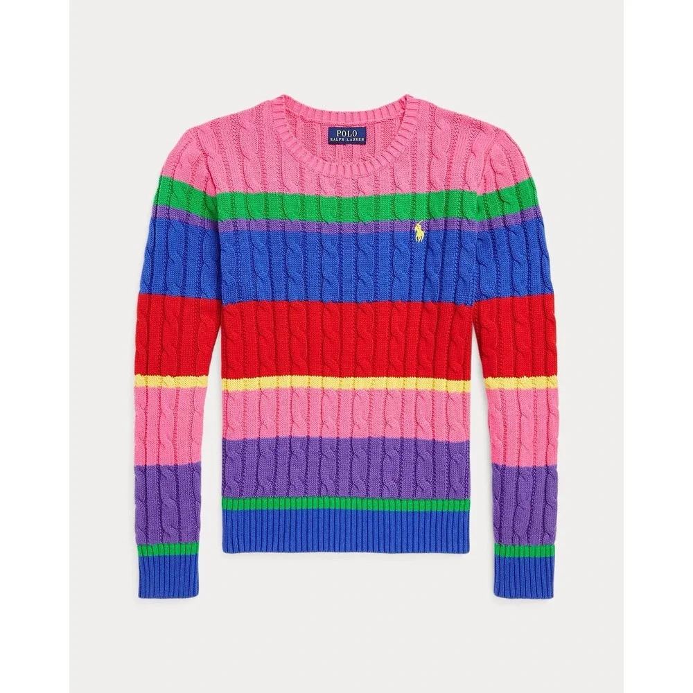 Polo Ralph Lauren Girls Striped Cable Knit Sweater Rainbow Cotton M 8-10